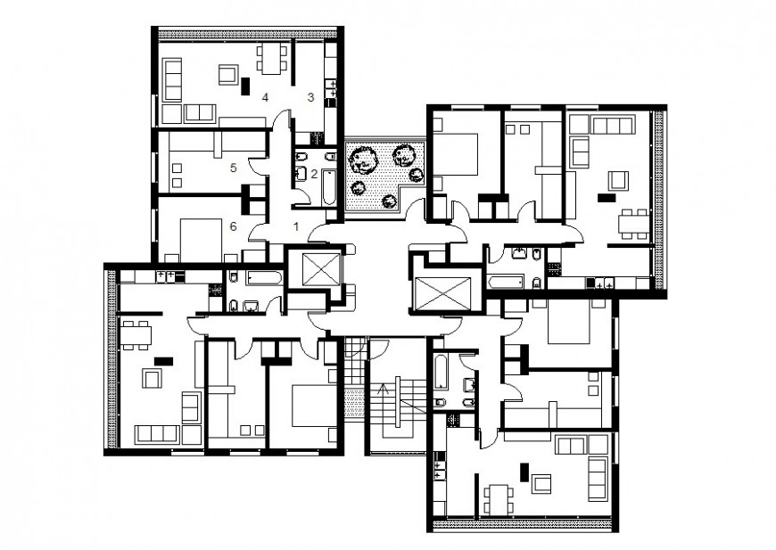 Drawing of residential floor plan block which includes furniture detail, kitchen and toilet detail.