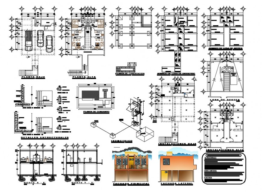 Duplex house elevation, section, plan and constructive structure details dwg file