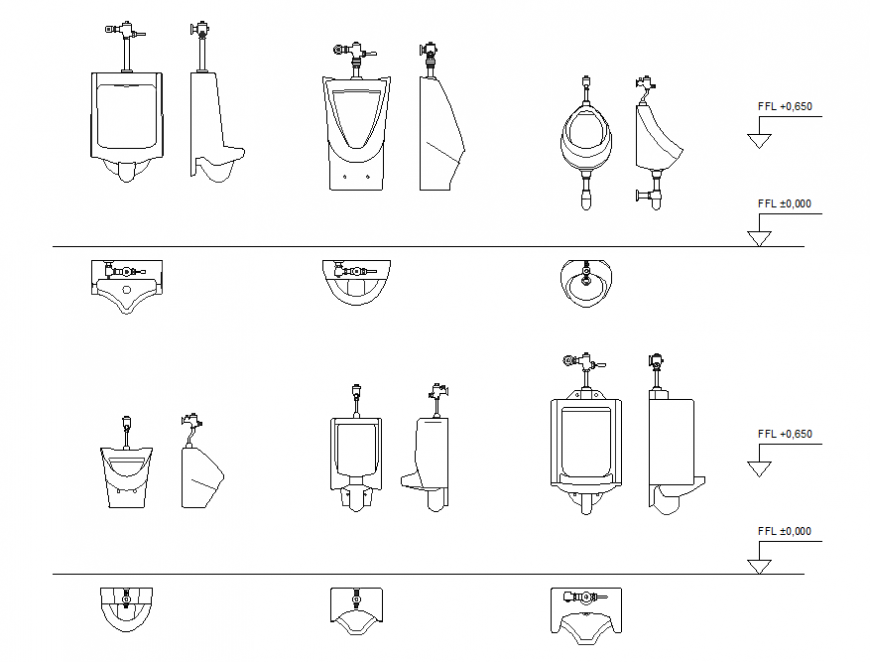 Dynamic urinal blocks all sided elevation cad drawing details dwg file
