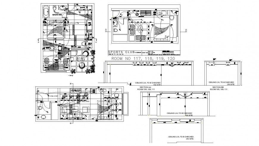 Electrical layout plan of the sports club in dwg AutoCAD file.