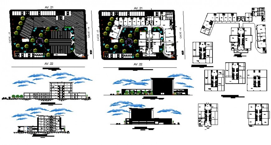 Elevation, plan and sectional detail of co-operative building hub 2d view layout file in dwg format
