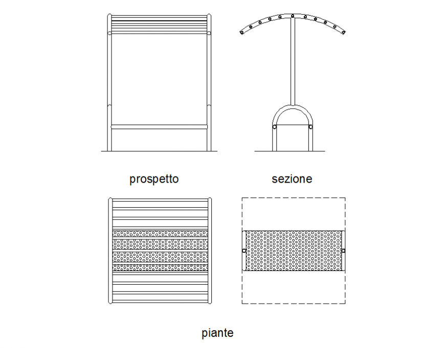 Elevation, section and plan details of bus stop shelter cad drawing details dwg file