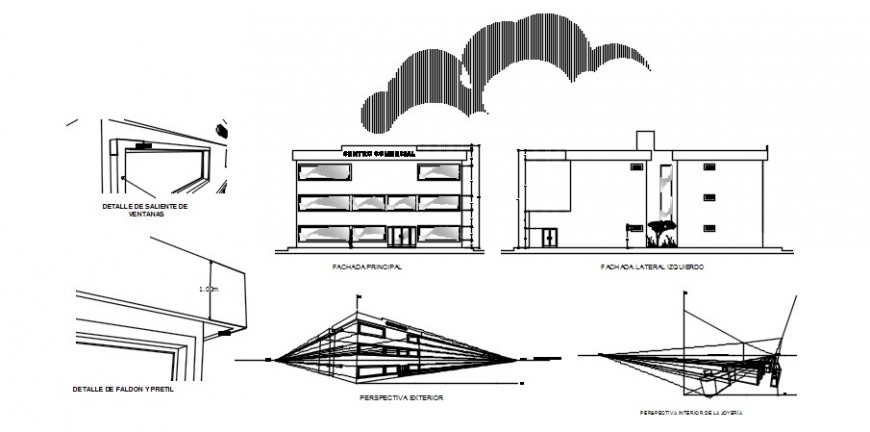 Elevation and perspective view details of building dwg autocad file