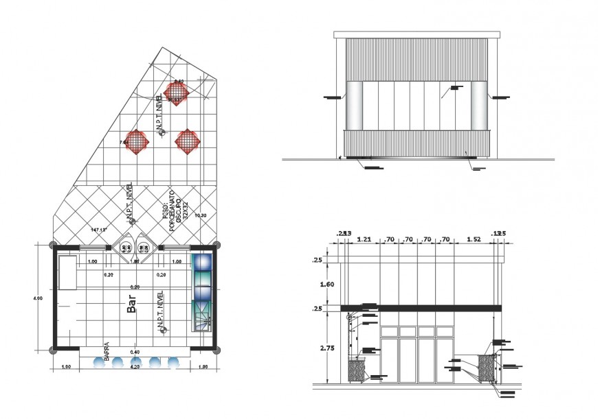 Elevation and plan of the restaurant building block 2d view autocad file