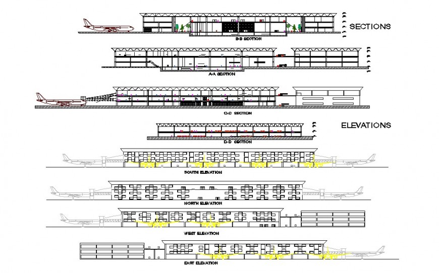 Elevation and sectional detail of airport structure 2d view layout autocad file