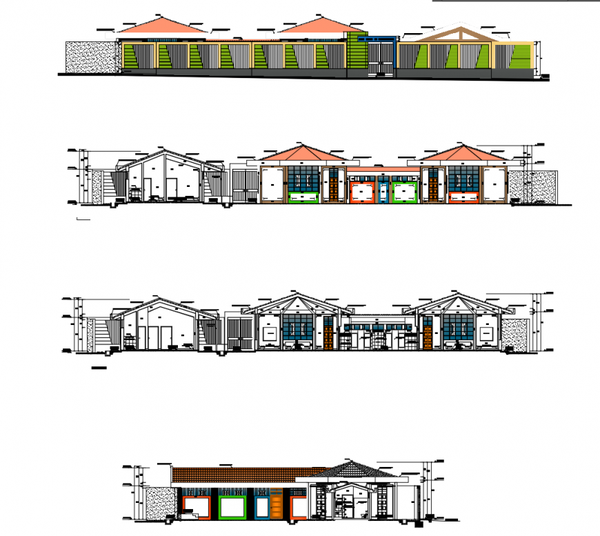Elevation and sectional detail of compound wall and gate 2d view dwg file
