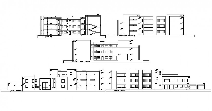 Elevation and sectional details of building drawing in autocad