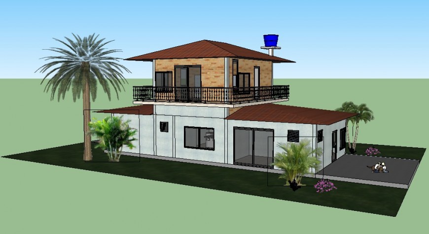 Exterior elevation of the farm house 3d model in Skp file.