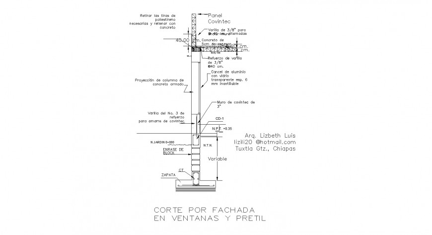 Facade parapet cut window detail drawing in dwg AutoCAD file.