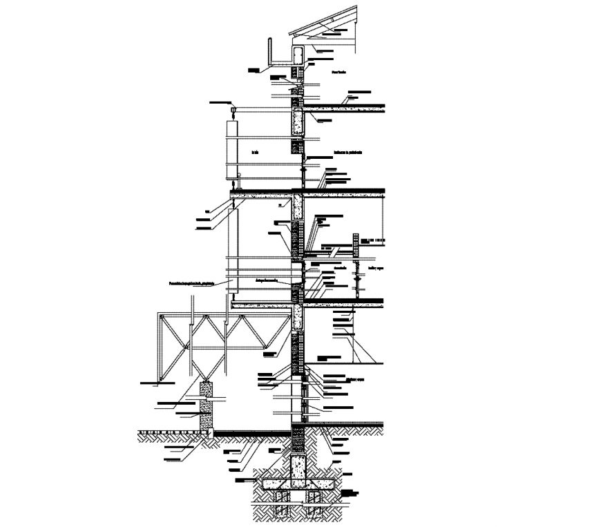 Facade side cut constructive section details of multi-story building dwg file