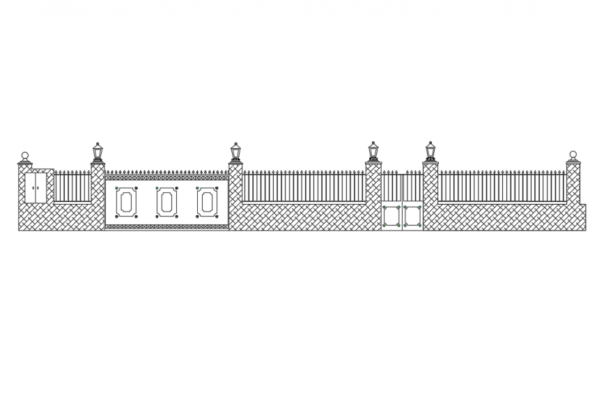 Facade with iron gate of garden perimeter fence elevation cad drawing details dwg file