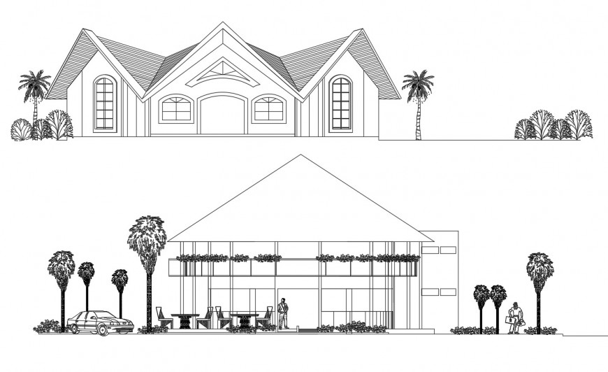 Fast food ecological restaurant main elevation and section drawing details dwg file