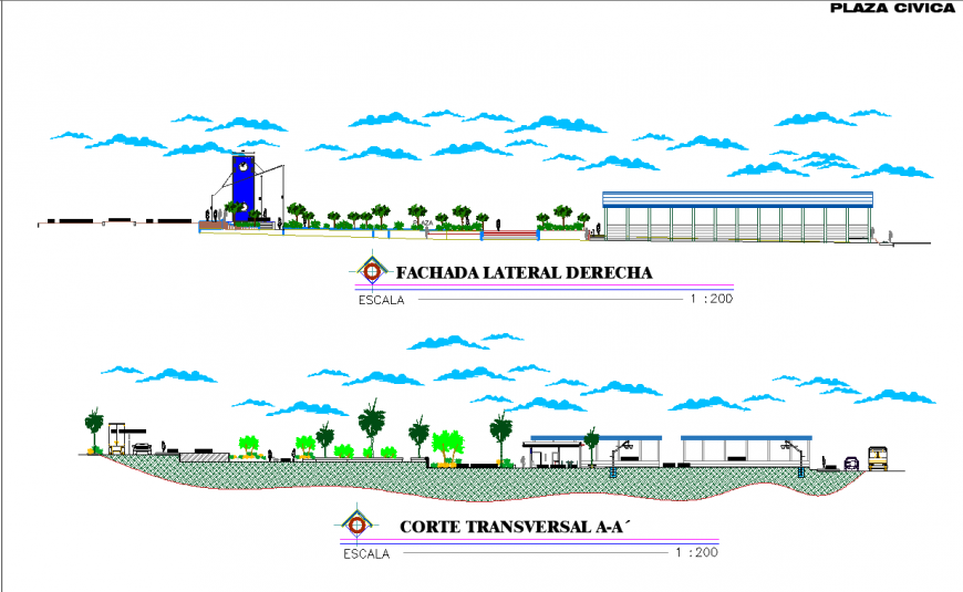 Façade section and elevation drawing in dwg file.
