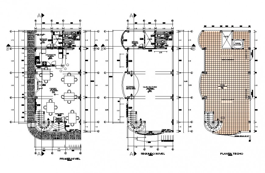 First, second and terrace floor plan details of local hotel building dwg file