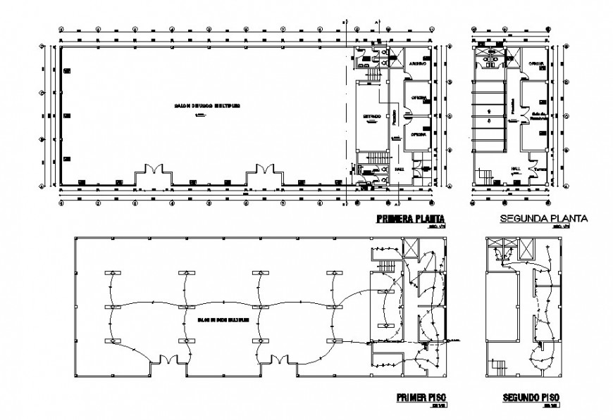First and second floor plan and electric installation details of car service center dwg file