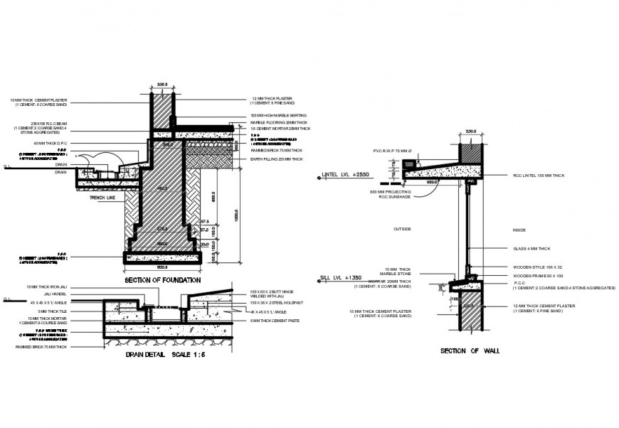 Foundation and drainage constructive plumbing details dwg file