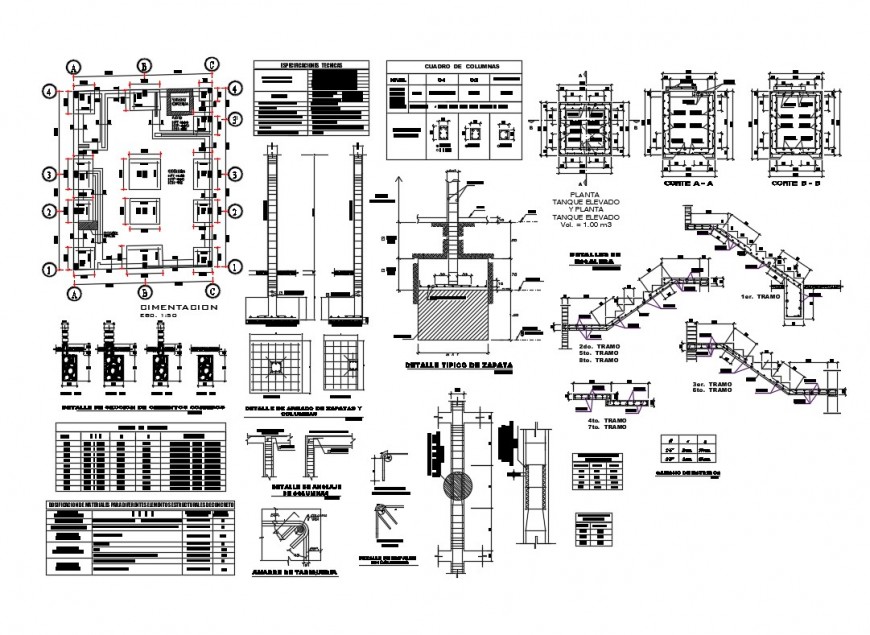 Foundation plan, stairways and constructive structure details of multi-family housing dwg file