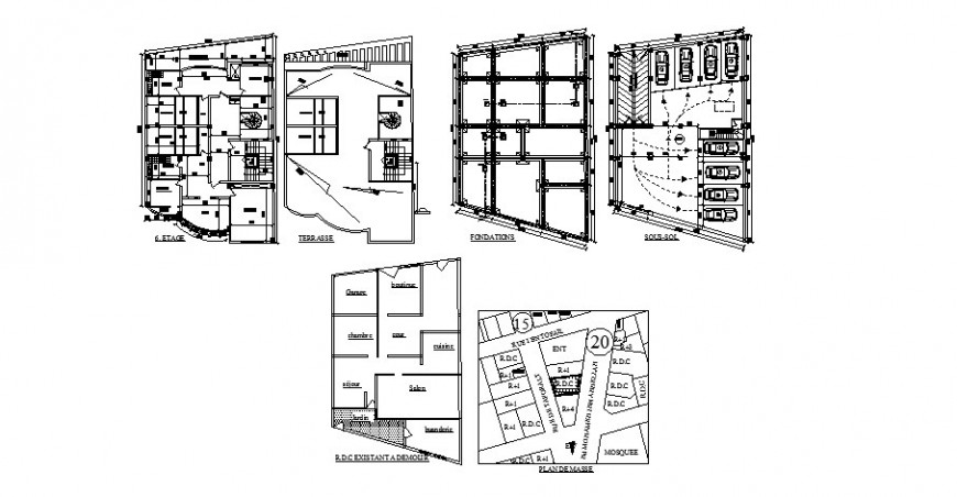 Foundation plan and floor plan details of multi-family apartment building dwg file