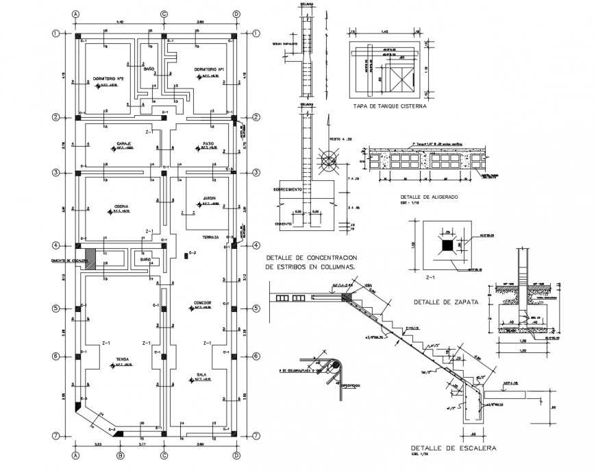 Foundation plan and staircase detail 2d view RCC structure dwg file
