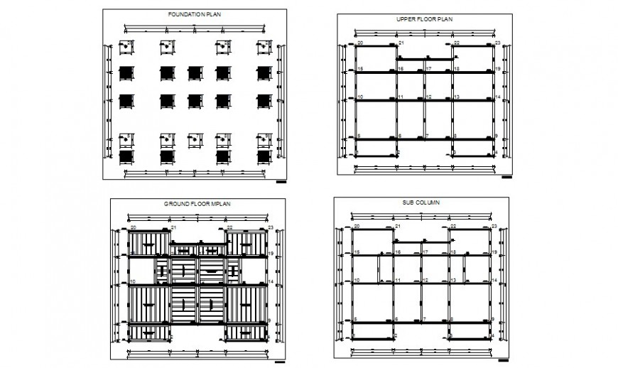Foundation plan details of school with upper floor and sub column cad structure details dwg file
