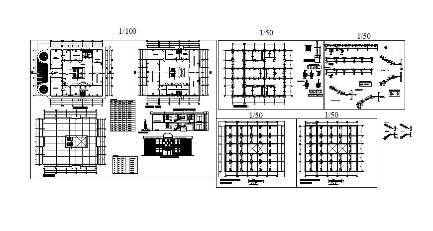 Foundation plan structure, staircase construction and structure details of school dwg file