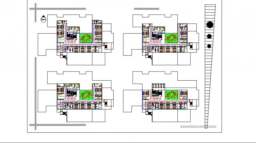 Four floor plan distribution drawing details of Bassel hospital dwg file