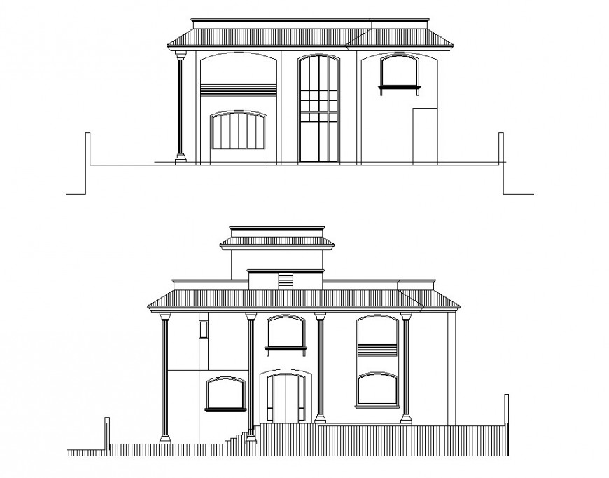 Front and back elevation details of one family residential house cad drawing details dwg file