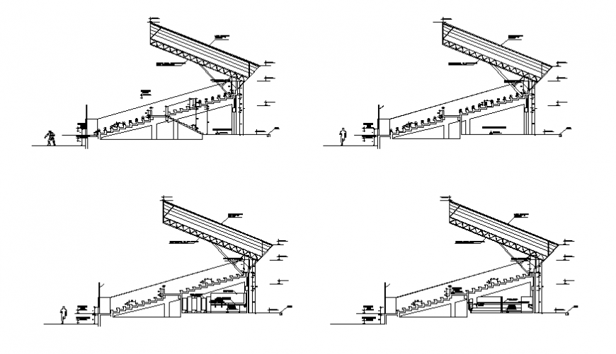 Grandstand staircase elevation, section and structure details dwg file