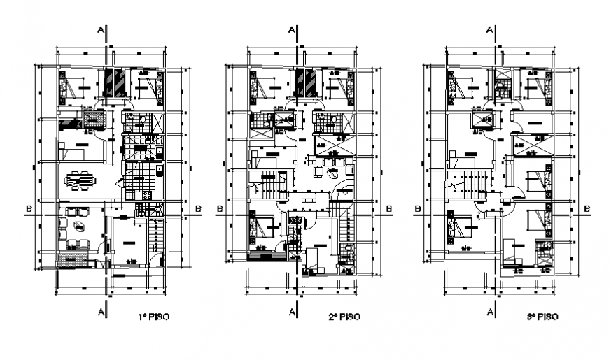Ground, first and third floor plan details of three level house dwg file