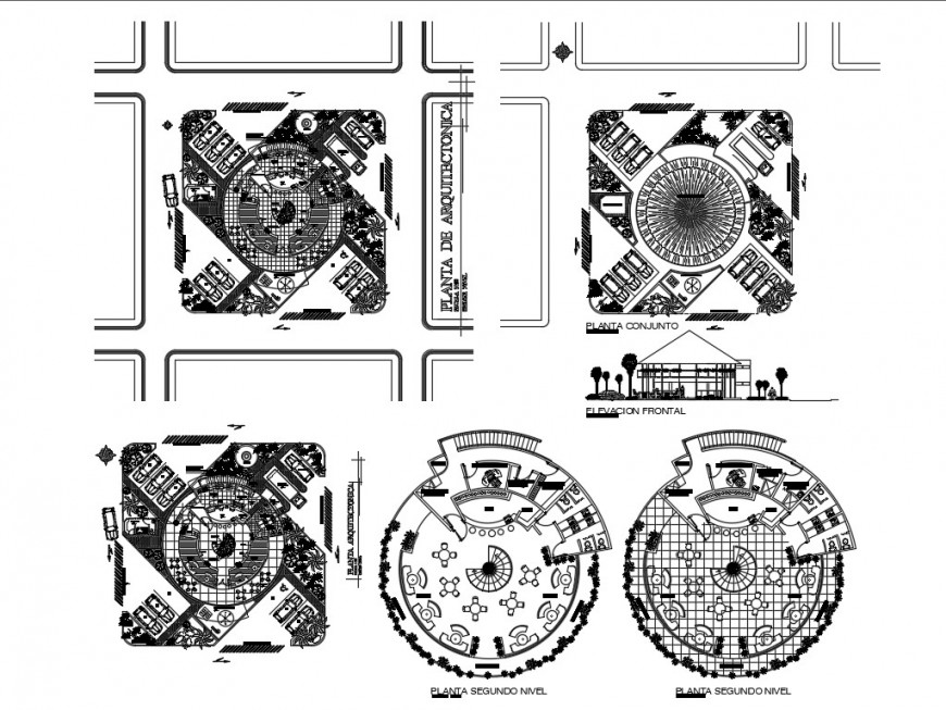 Ground first and second floor with front elevation of multi cuisine restaurant dwg file