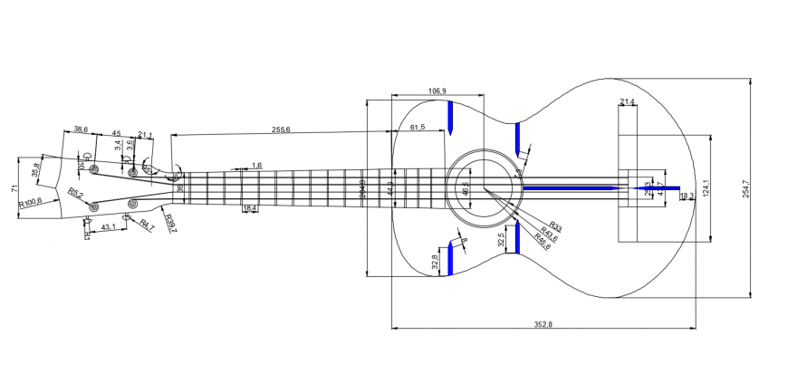 Guitar musical instruement detailing dwg file