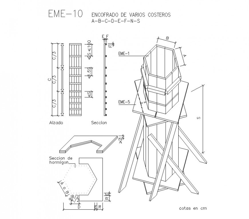 Hexagonal shape form-work detail 2d view CAD structure layout file in dwg format