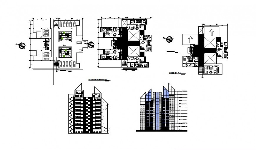 High rise hotel building plan and elevation 2d view CAD structural block layout dwg file
