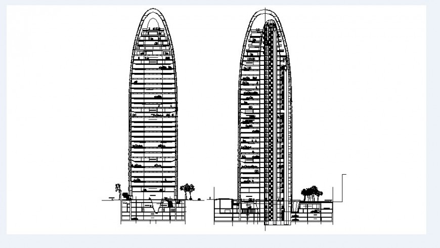 High rise office tower building main and back section cad drawing details dwg file