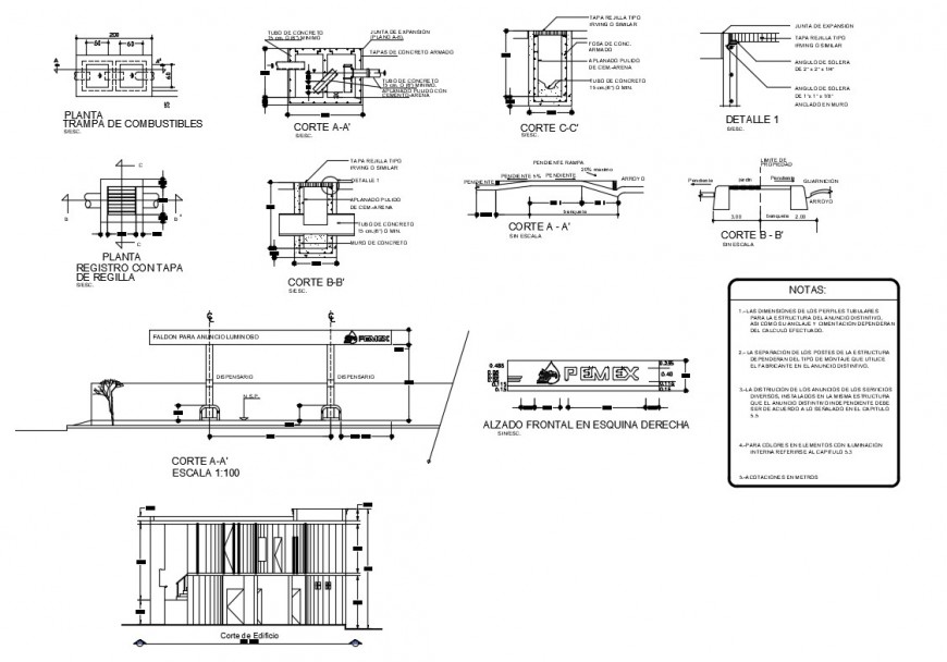Hospital building with bus stop-elevation, section and constructive structure details dwg file