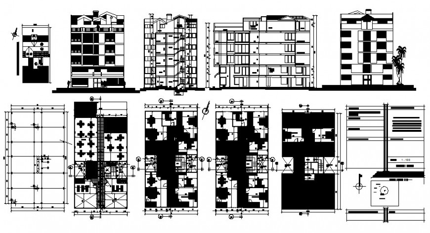 Hotel building plan elevation and section drawing in autocad