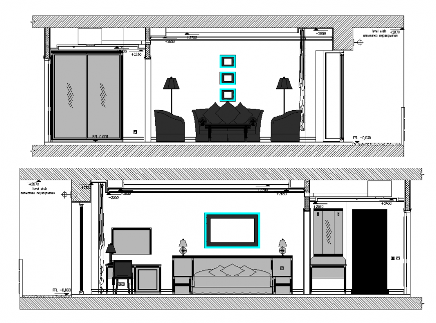 Hotel room elevation with interior area detail dwg file