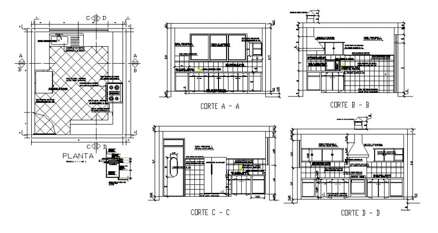House kitchen all sided section, plan and interior cad drawing details dwg file