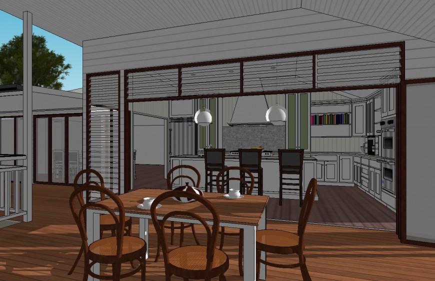 House kitchen and dining area 3d interior with furniture cad drawing details skp file