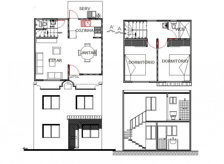 House plan and elevation 2d view CAD block layout file in dwg format