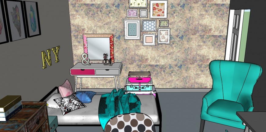 Interior of bedroom with furniture units detail 3d model sketch-up file