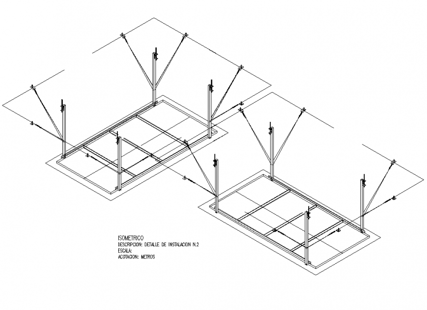 Isometric Location and installation of metallic floating islands detail dwg file