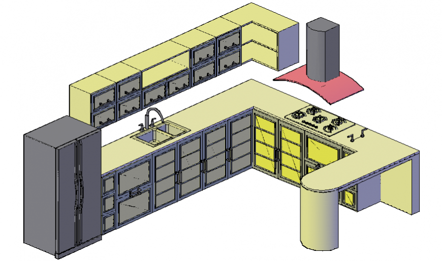 Kitchen 3d section, furniture layout and interior details dwg file