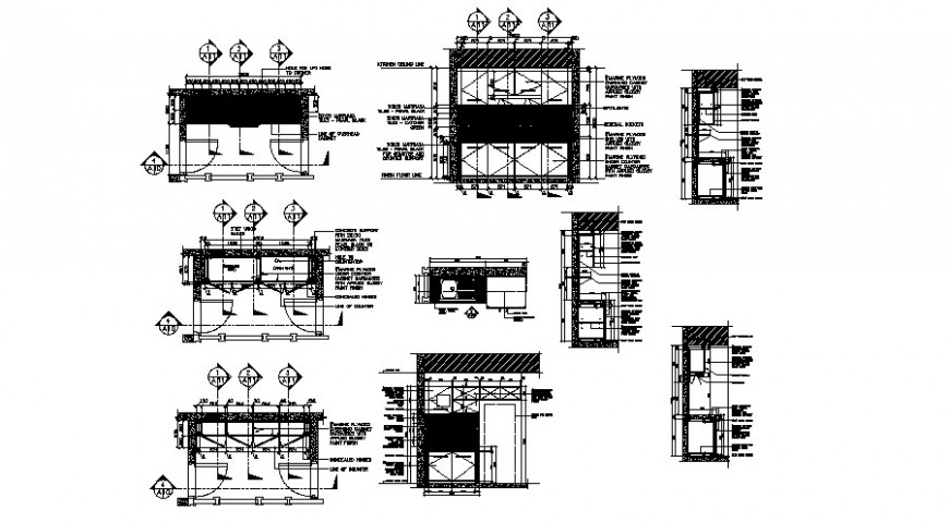 Kitchen elevation, plan and upper and lower cabinet cad drawing details dwg file