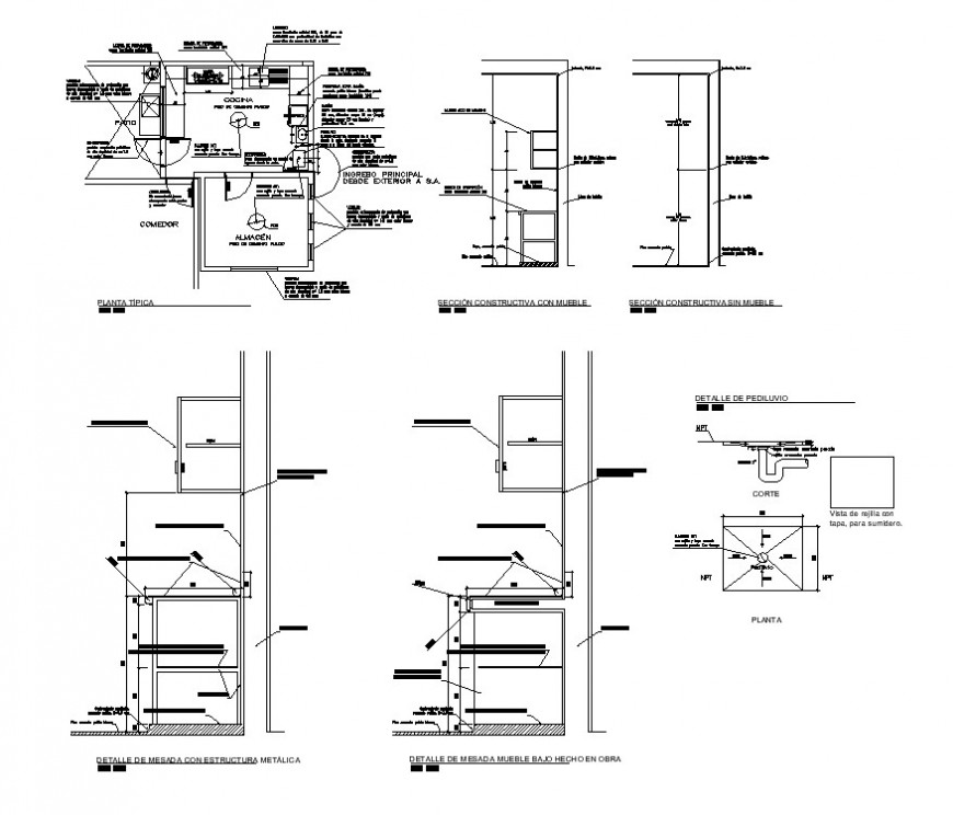 Kitchen interior detail 2d view CAD structural block layout file in dwg format
