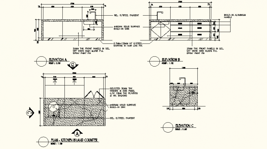Kitchen island and counter detail elevation dwg file