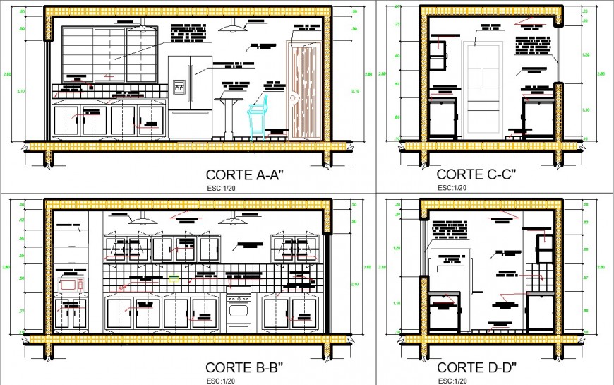Kitchen sectional elevation drawing of bungalow in dwg file.