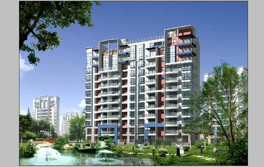 Lake side multi-family residential apartment building 3d drawing psd file