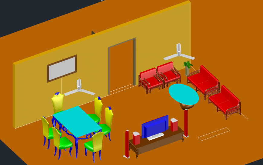 Living room and dining room 3d model in dwg AutoCAD file.