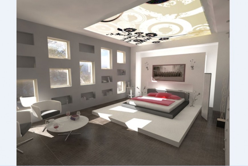 Low height bed and bedroom design 3d view in JEPG file.